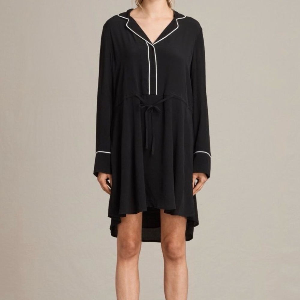 All Saints Leon Shirt Dress Small Black Crepe Long Sleeve Collared Mini